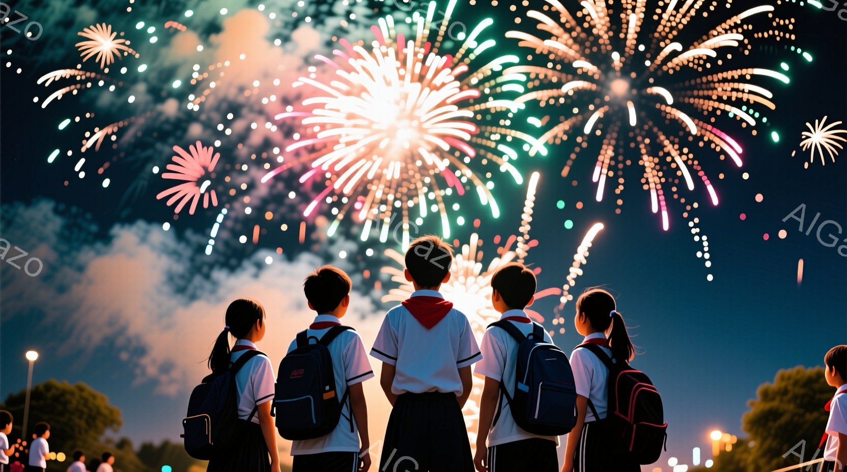 紺色の制服を着た中学生または高校生と思われる生徒たちが、花火を見上げる後ろ姿が写っている。彼らは皆、黒いバックパックを背負っており、夜空には色鮮やかな花火が咲き乱れている。背景にはぼんやりと街灯が見え - AI生成フリー素材