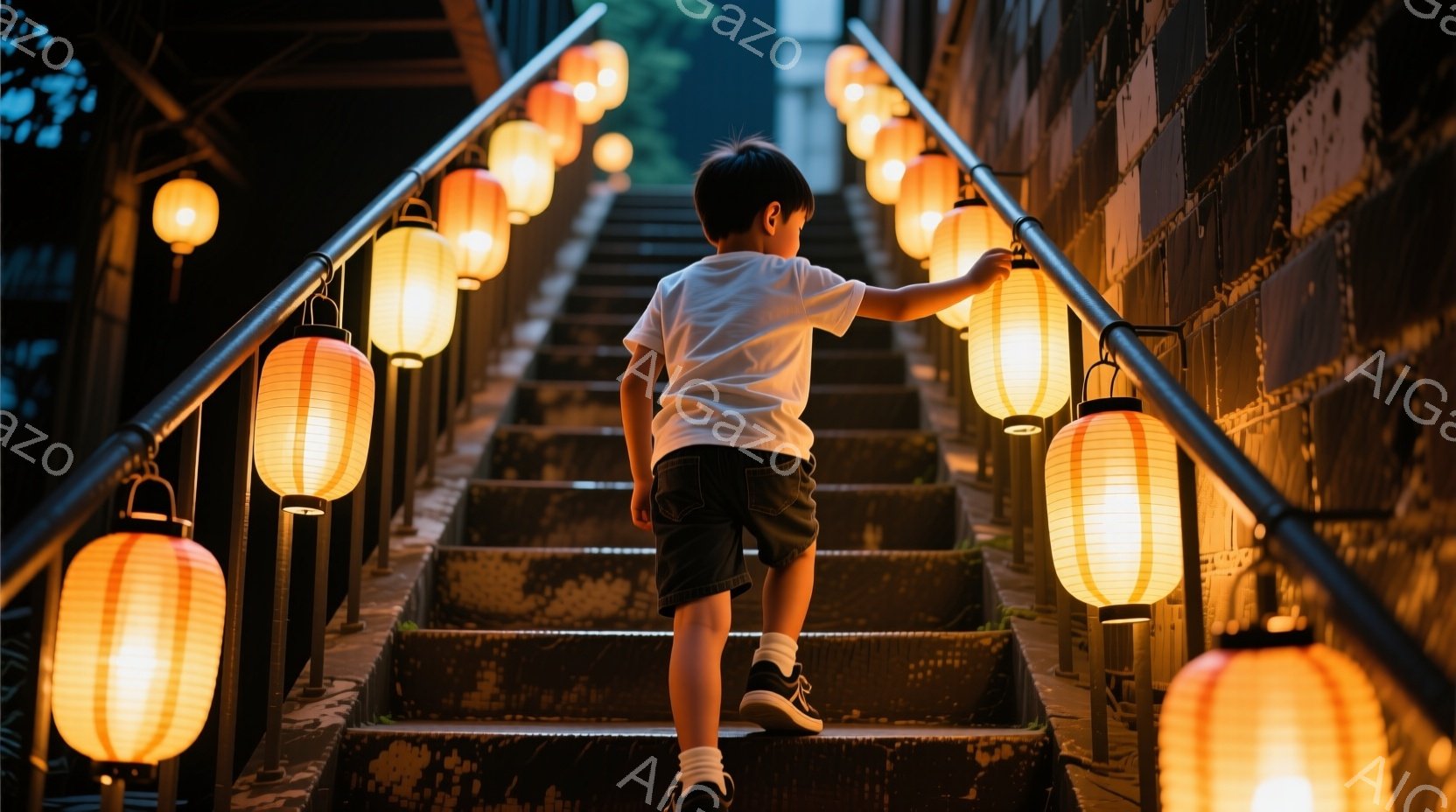 小さな男の子が石段を上っている後ろ姿が写っている。白いTシャツと短パン姿で、黒いスニーカーを履いている。両側には提灯が灯り、石段と暗い背景が幻想的な雰囲気を醸し出している。