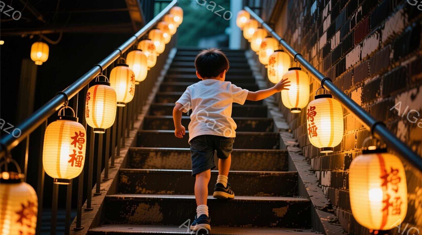 男の子が提灯が並ぶ階段を駆け上がっている。白いTシャツとジーンズの短パン姿で、後ろ姿からは活発で元気な様子がうかがえる。提灯の温かい光が階段を照らし、どこか懐かしい、温かい雰囲気を醸し出している。