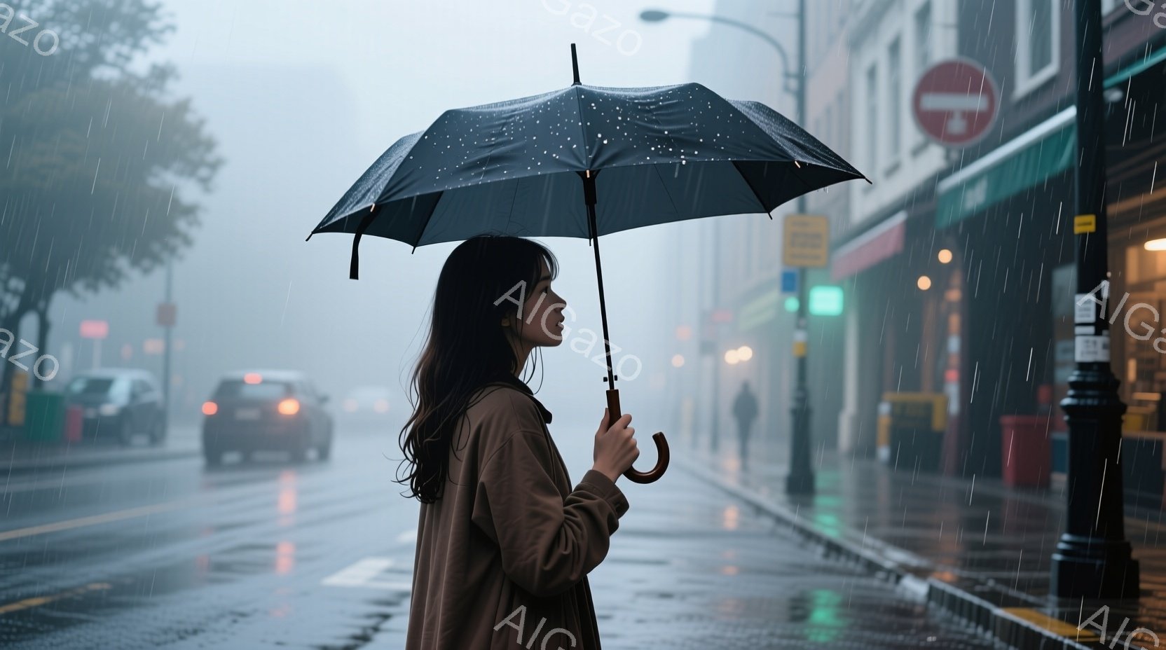 長い黒髪の女性が、ベージュ色のコートを着て雨の中を歩いている。彼女は傘をさしており、少し俯いた視線でどこか遠くを見つめているように見える。背景には雨に濡れた道路とぼやけた街並みが広がり、全体的に憂鬱で静かな雰囲気を醸し出している。