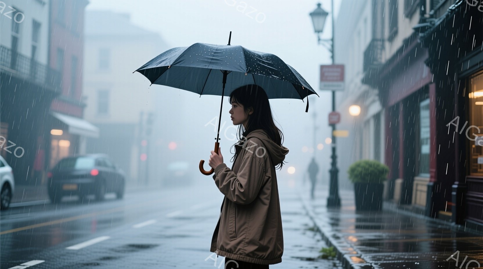 雨が降る街並みで、女性が傘をさして立っている。ベージュのジャケットと黒い服を着ており、髪は肩までの長さで、ややうつむき加減で前を見ている。背景には灰色の建物と車が見え、全体的にしっとりとした、物憂げな雰囲気が漂っている。