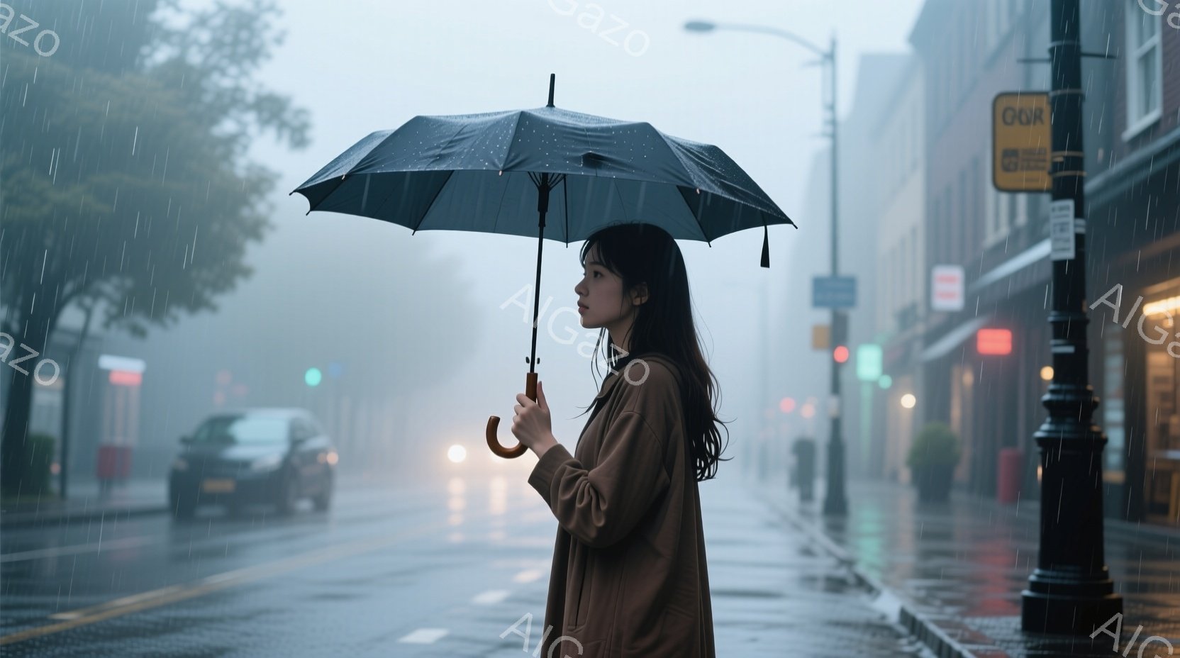 雨が降る街並みを、茶色のジャケットを着た女性が傘をさして歩いている。彼女は黒髪で、少しうつむき加減に何かを考えているような表情をしている。背景にはぼやけた建物や車が見え、全体的に寂しげで憂鬱な雰囲気が漂っている。
