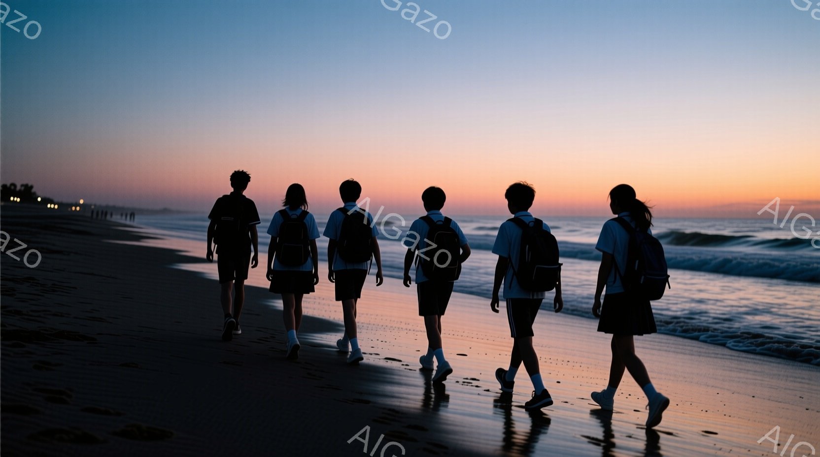 紺碧の空とオレンジ色の夕焼けが広がる砂浜を、リュックを背負った5人の人物が海に向かって歩いている。全員黒いズボンまたはスカートに白いシャツを着ており、後ろ姿からは表情は読み取れないが、リラックスした雰囲気を感じさせる。湿った砂浜には彼らの足跡が残り、穏やかな波が打ち寄せている。
