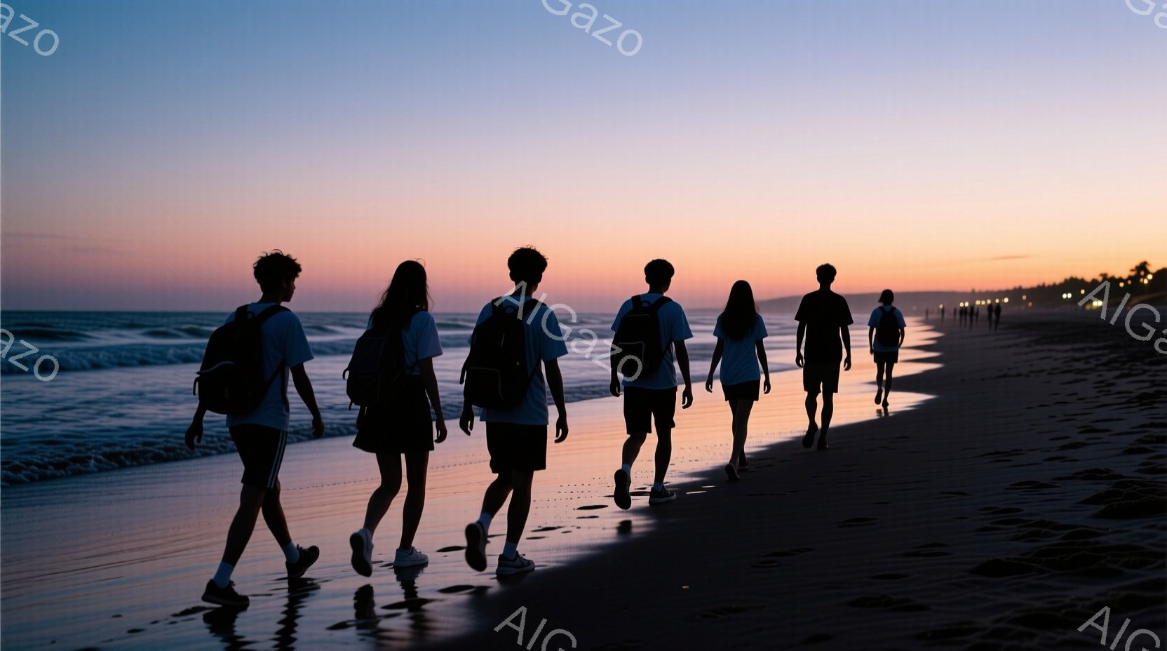 砂浜を数人の人物が海に向かって歩いているシルエットが印象的だ。彼らは皆、バックパックを背負い、Tシャツと短パン姿で、カジュアルな装いをしている。夕焼けの空がオレンジと紫に染まり、穏やかで暖かい雰囲気を - AI生成フリー素材