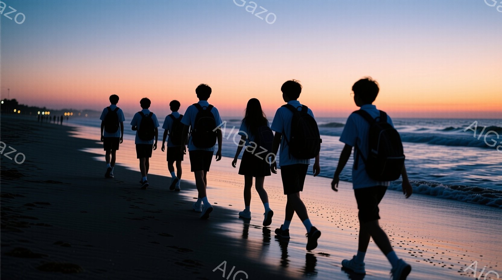 砂浜を数人の生徒が横一列になって歩いている。白いシャツと黒いズボンまたはスカートを着用し、それぞれリュックサックを背負っている。夕焼け空が背景に広がり、波が打ち寄せ、穏やかでノスタルジックな雰囲気を醸 - AI生成フリー素材