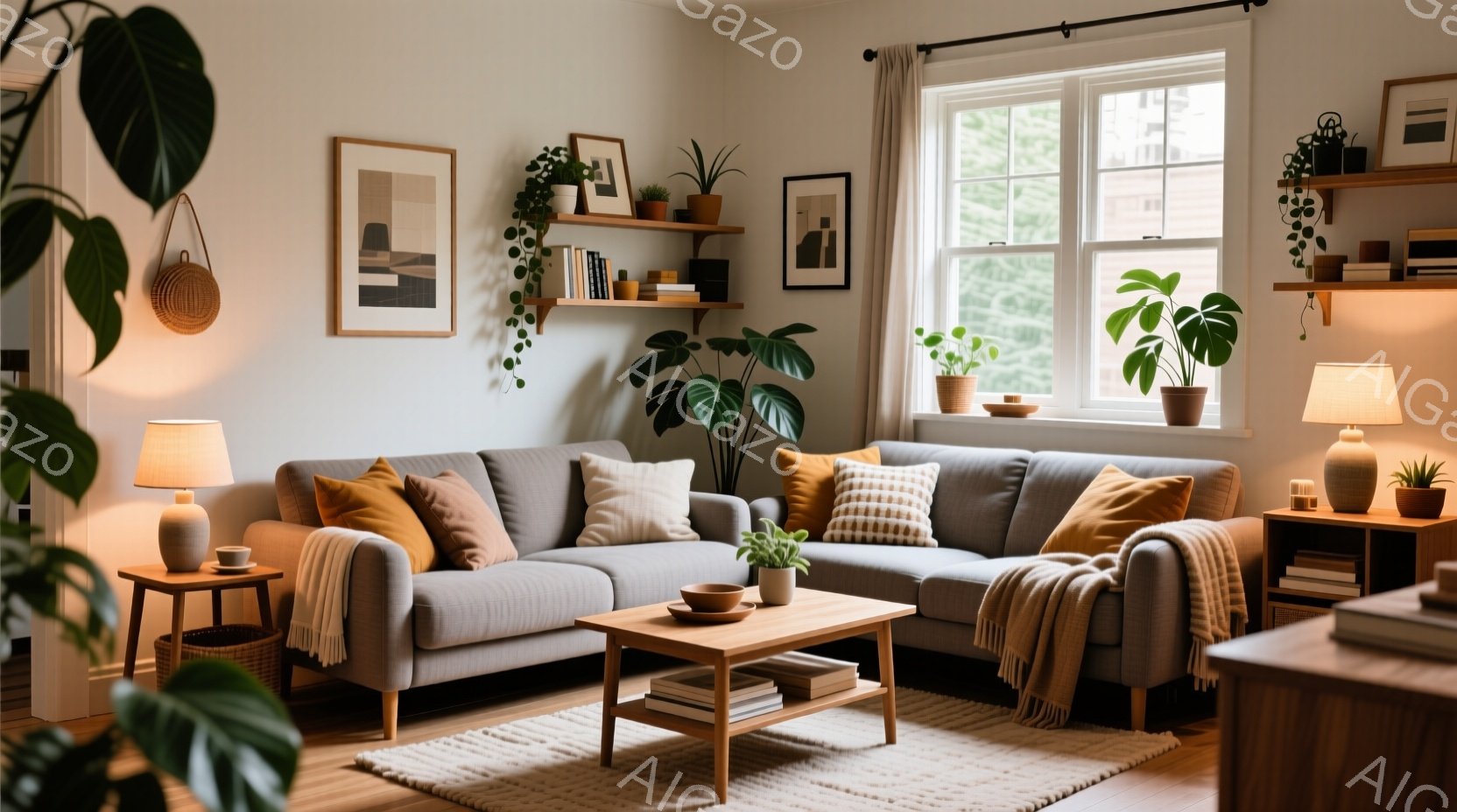 リビングルームは、落ち着いたグレーのソファと木の家具で、暖かく居心地の良い雰囲気です。窓からは緑豊かな木々が見え、自然光が差し込み、部屋全体を明るく照らしています。観葉植物やアート作品がアクセントとなり、リラックスした空間を演出しています。