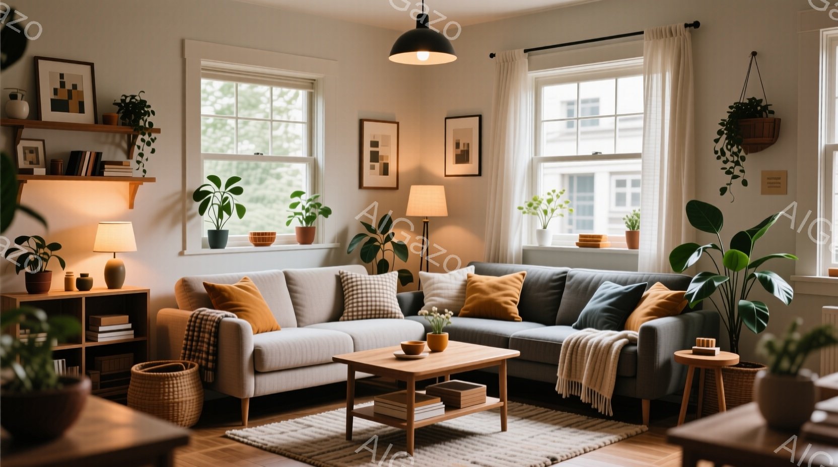 明るいリビングルームには、グレーのソファと木のコーヒーテーブルが置かれ、観葉植物が豊富に飾られています。窓からは自然光が差し込み、暖色系のクッションやブランケットが部屋に温かみを与えています。全体的に - AI生成フリー素材