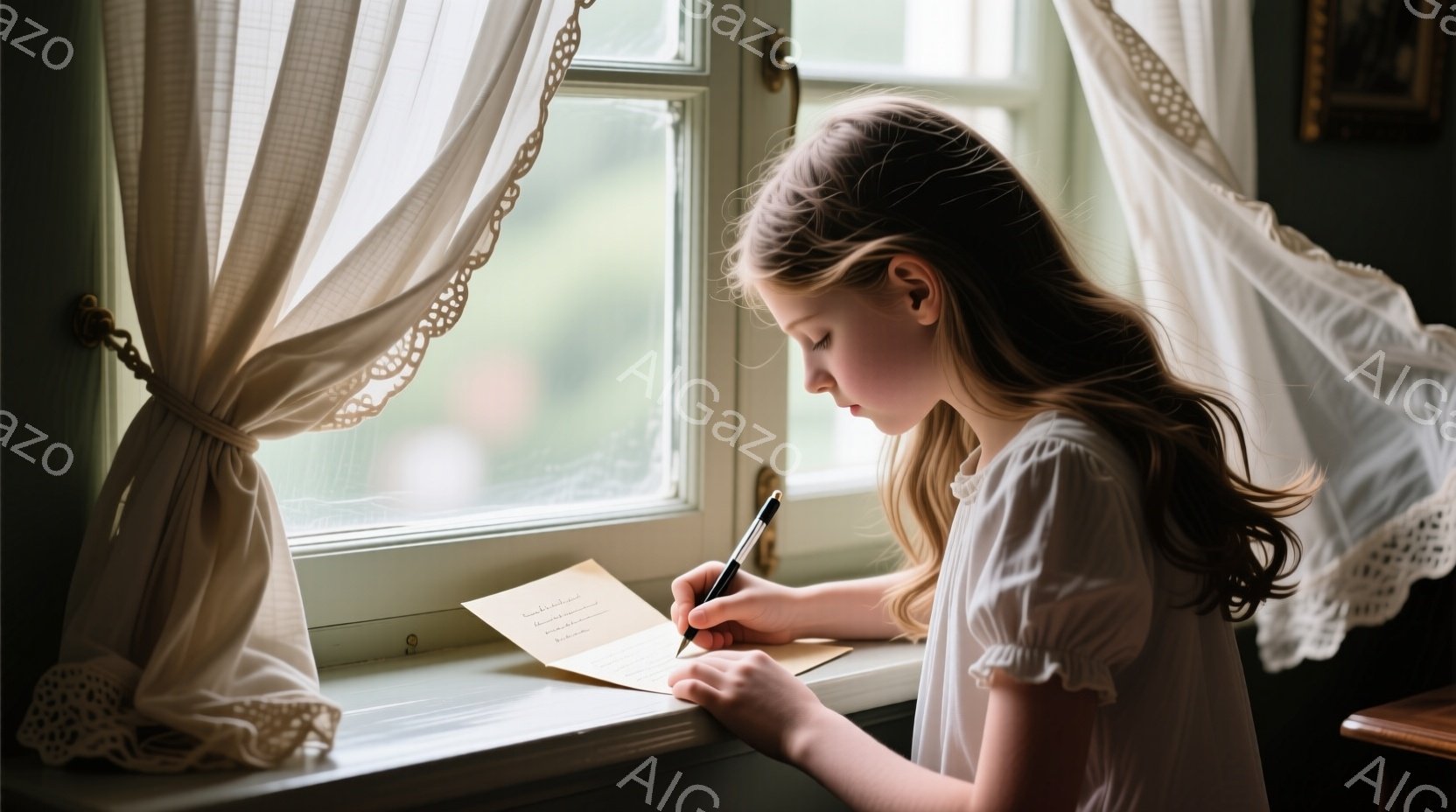 明るい窓辺で少女が手紙を書いています。彼女は白いブラウスを着ており、長い髪は無造作に肩にかけられています。背景には窓枠とレースのカーテン、そして何かの絵がぼんやりと見え、穏やかでノスタルジックな雰囲気が漂っています。