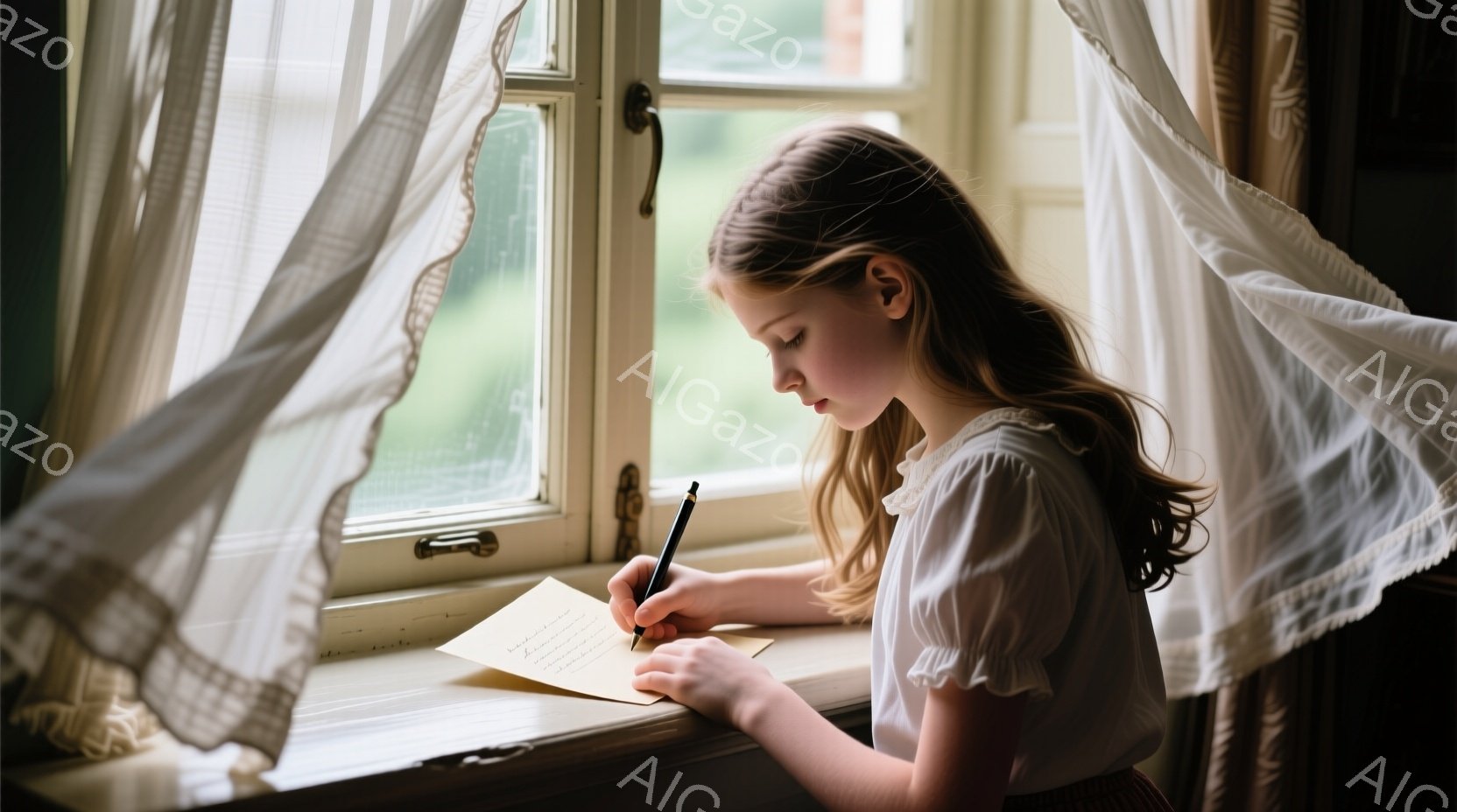 長い巻き毛の少女が窓辺で紙にペンで書き込んでいる。白いブラウスと赤いスカートを着ており、集中した表情で前を見つめている。背景には窓枠とレースのカーテンがあり、柔らかい光が差し込み、静かで穏やかな雰囲気を醸し出している。