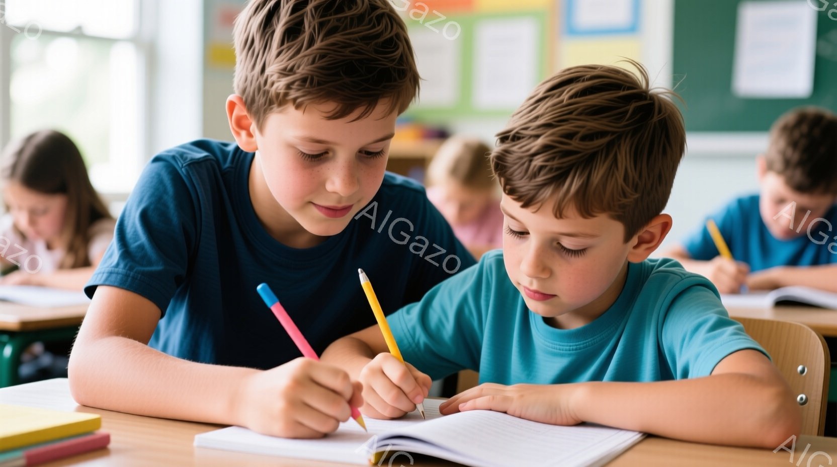 教室で二人の少年が机に向かい、集中して何かを書き込んでいる様子が写っている。彼らは青いTシャツを着ており、片方の少年はピンク色のペン、もう片方の少年は黄色のペンを使っている。背景には他の生徒たちも描かれ、明るく学習に集中した雰囲気の教室であることがわかる。
