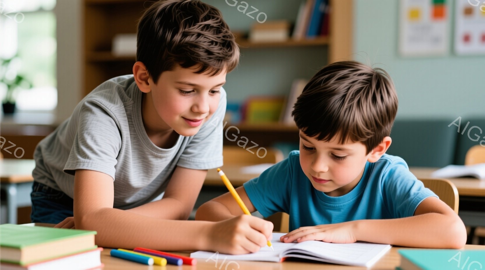 二人の少年が教室で一緒に勉強しています。一人はグレーのTシャツを着ていて、もう一人は青いTシャツを着ています。彼らはノートに鉛筆で何かを書き込んでおり、集中して取り組んでいる様子が伺えます。 - AI生成フリー素材