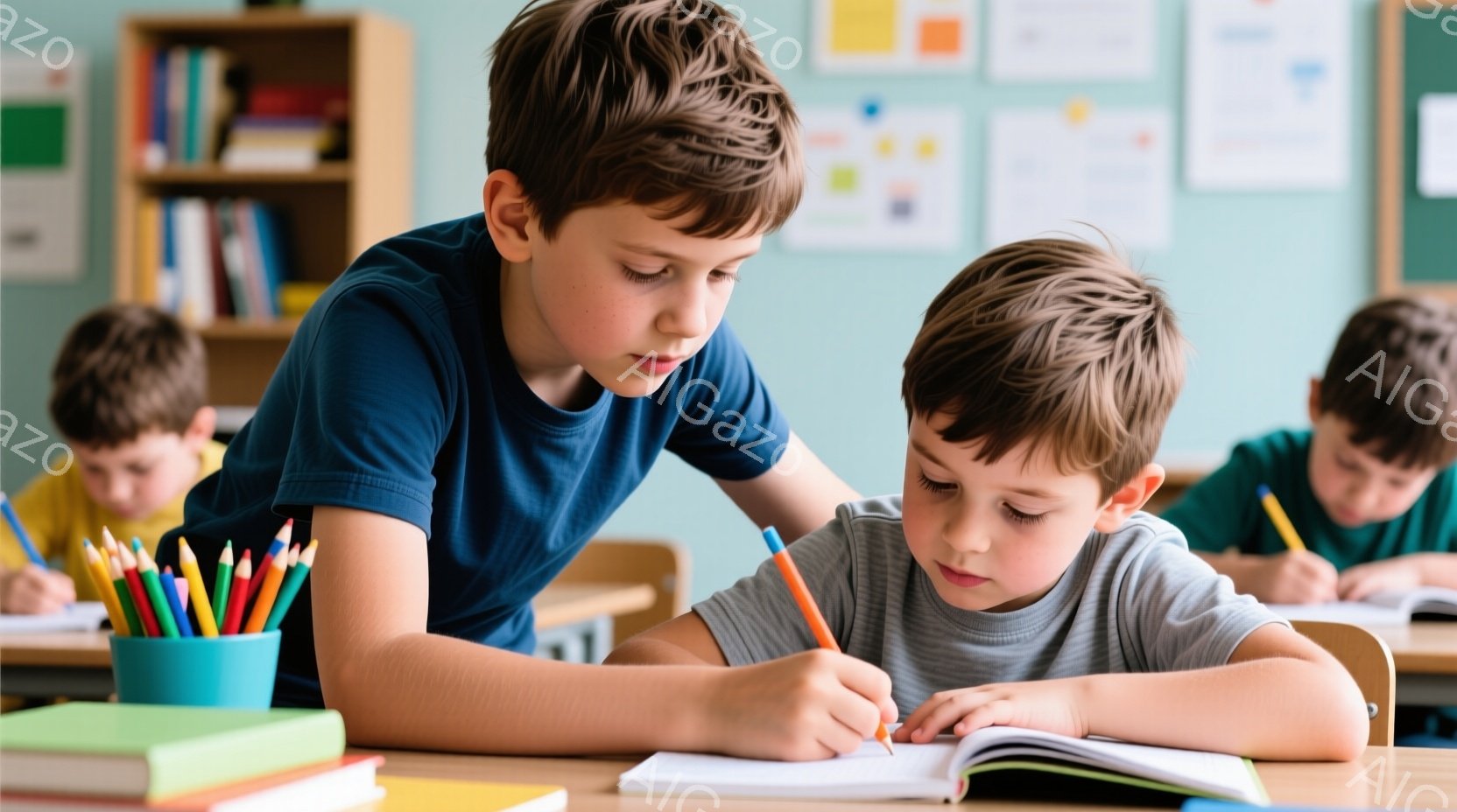教室で二人の男の子が勉強しています。一人は青いTシャツを着ており、もう一人はグレーのTシャツを着ており、集中してノートに何か書き込んでいます。背景には他の生徒たちが机に向かって勉強しており、色鉛筆や教 - AI生成フリー素材