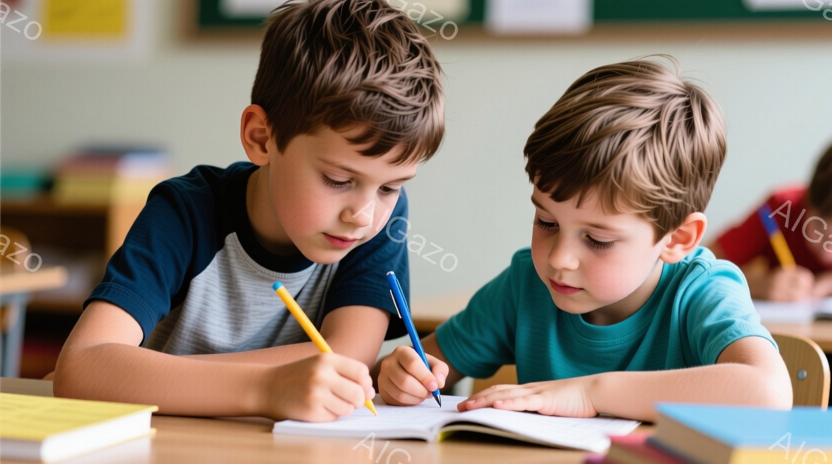 二人の少年が机に向かい、ノートに何かを書いている様子が写っている。少年たちはそれぞれ縞模様のシャツを着ており、片方の少年は黄色のクレヨン、もう片方の少年は青いボールペンを持っている。背景には他の子供たちの机が見え、教室内の明るい雰囲気を示している。