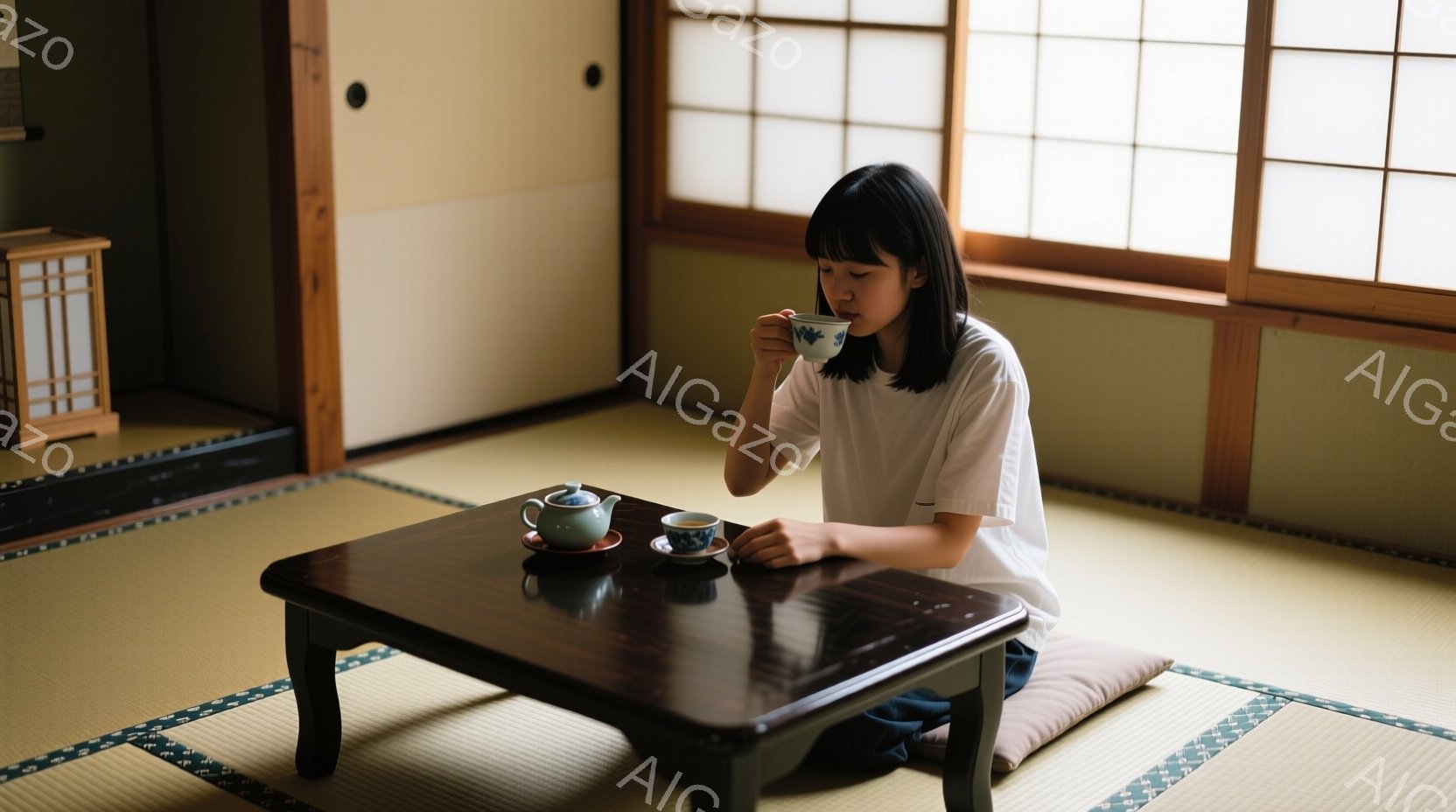 畳の上に座っている少女が、茶碗でお茶を飲んでいます。彼女は白いTシャツを着ており、髪は肩までの長さで、自然な黒髪です。背景には木製の低いテーブルと、障子窓から差し込む穏やかな光があり、全体的に落ち着いた和の雰囲気が漂っています。