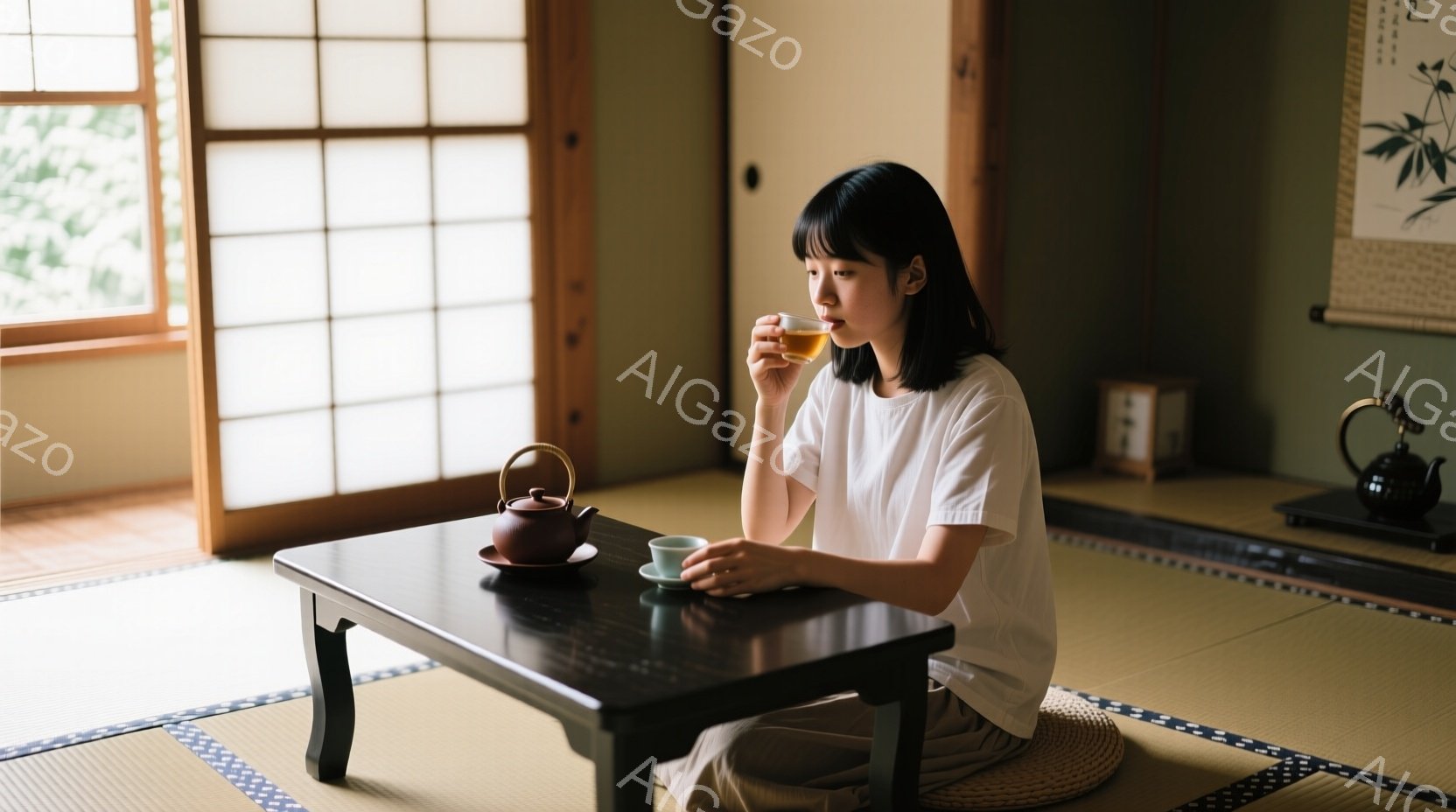 畳の上に座っている若い女性は、白いTシャツとベージュ色のズボンを着用し、短い黒髪をしています。彼女は低い黒いテーブルの前に座り、緑色の湯呑みで何かを飲んでおり、少し微笑んでいるように見えます。背景には - AI生成フリー素材