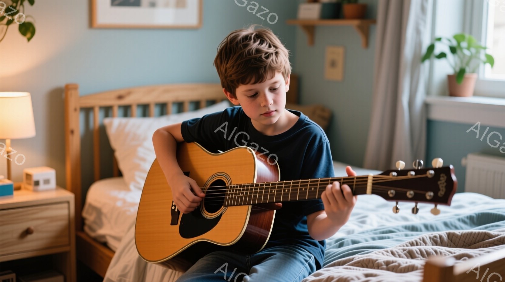 茶髪の少年がベッドに座ってアコースティックギターを演奏している。彼は濃い青色のTシャツとジーンズを着ており、集中した表情で指をフレットボードに走らせている。背景には木製のナイトスタンド、ランプ、植物があり、部屋全体が穏やかで心地よい雰囲気を醸し出している。