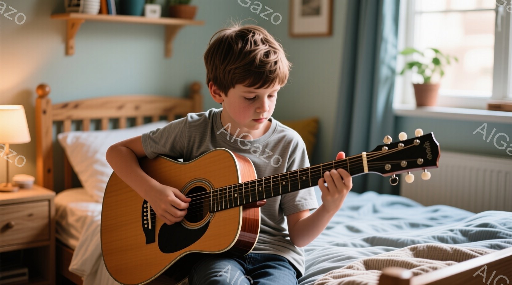 少年はベッドに座ってギターを演奏している。彼は青いTシャツとジーンズを着ており、少し緊張した表情をしている。背景には木製のナイトスタンドと植物があり、部屋全体が温かく落ち着いた雰囲気である。