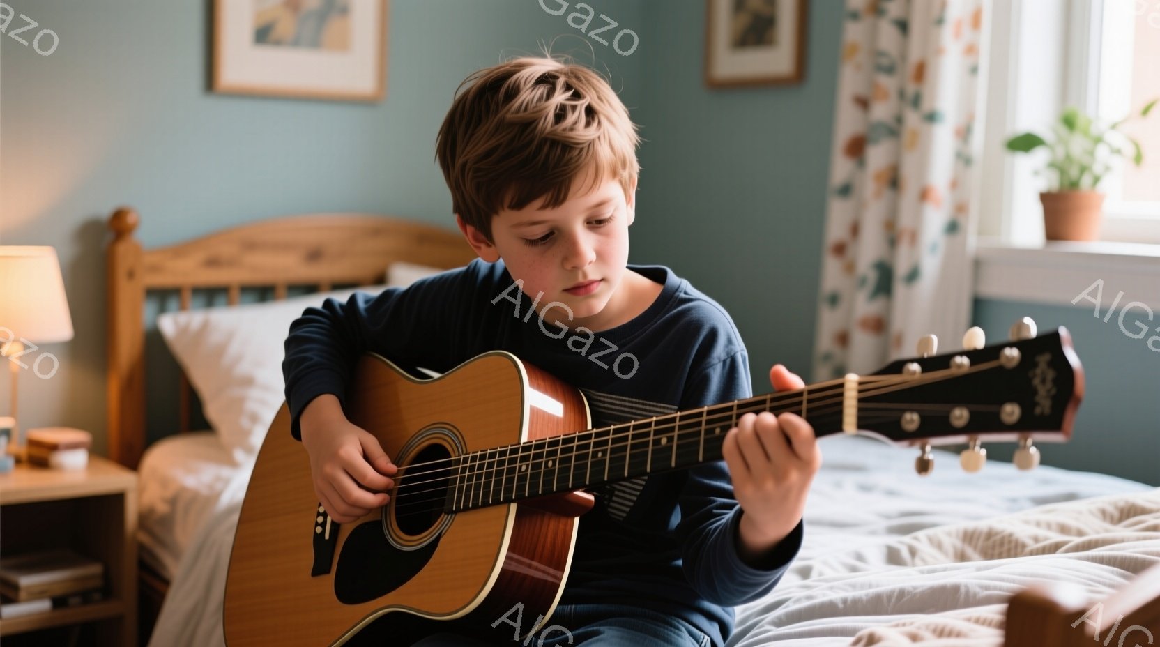 若い少年がベッドに座ってアコースティックギターを演奏している。彼は濃い青色の長袖シャツとジーンズを着ており、明るい茶色の髪は少し無造作にセットされている。背景には、本棚や植物のある寝室の一部が見え、全体的に温かく穏やかな雰囲気が漂っている。