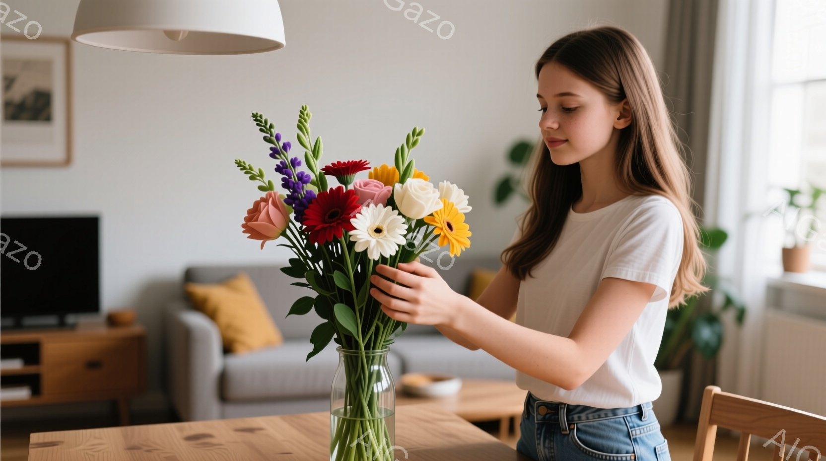 若い女性がテーブルに置かれた花瓶に花を活けている。彼女は白いTシャツとデニムのショートパンツを着ており、髪は肩まで伸びたゆるいウェーブヘアである。背景には、ソファやキャビネットが見えるリビングルームで - AI生成フリー素材