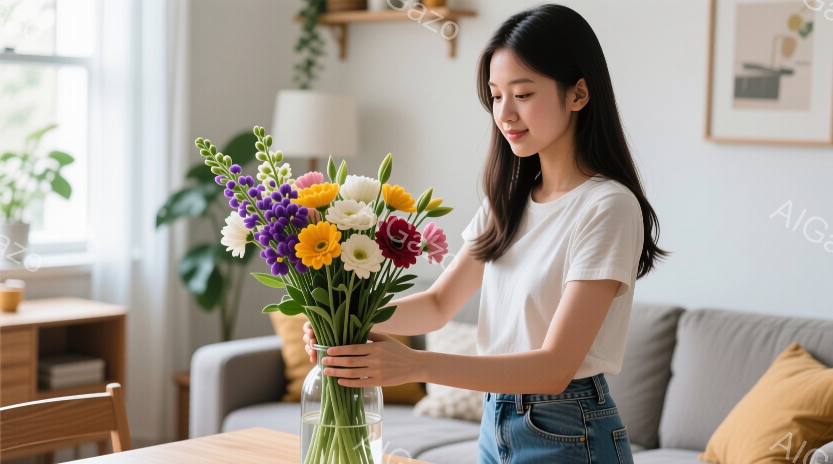 白いTシャツとデニムのズボンを着た女性が、様々な色の花束を透明な花瓶に活けようとしている。彼女は軽く微笑んでおり、リラックスした様子で花瓶を抱え、家の中に柔らかい光が差し込んでいる。背景には、灰色のソ - AI生成フリー素材