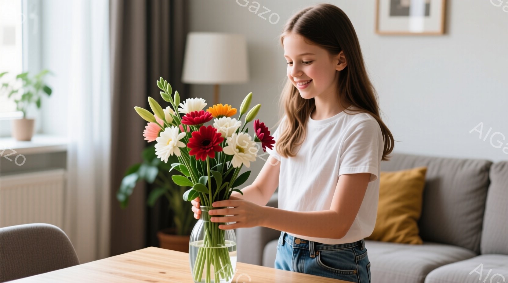 若い女性が花瓶に花を活けている。彼女は白いTシャツとジーンズを着ており、長い髪はゆるくカールしている。背景にはグレーのソファ、木製のテーブル、観葉植物が見え、暖かく穏やかな家庭的な雰囲気が漂っている。