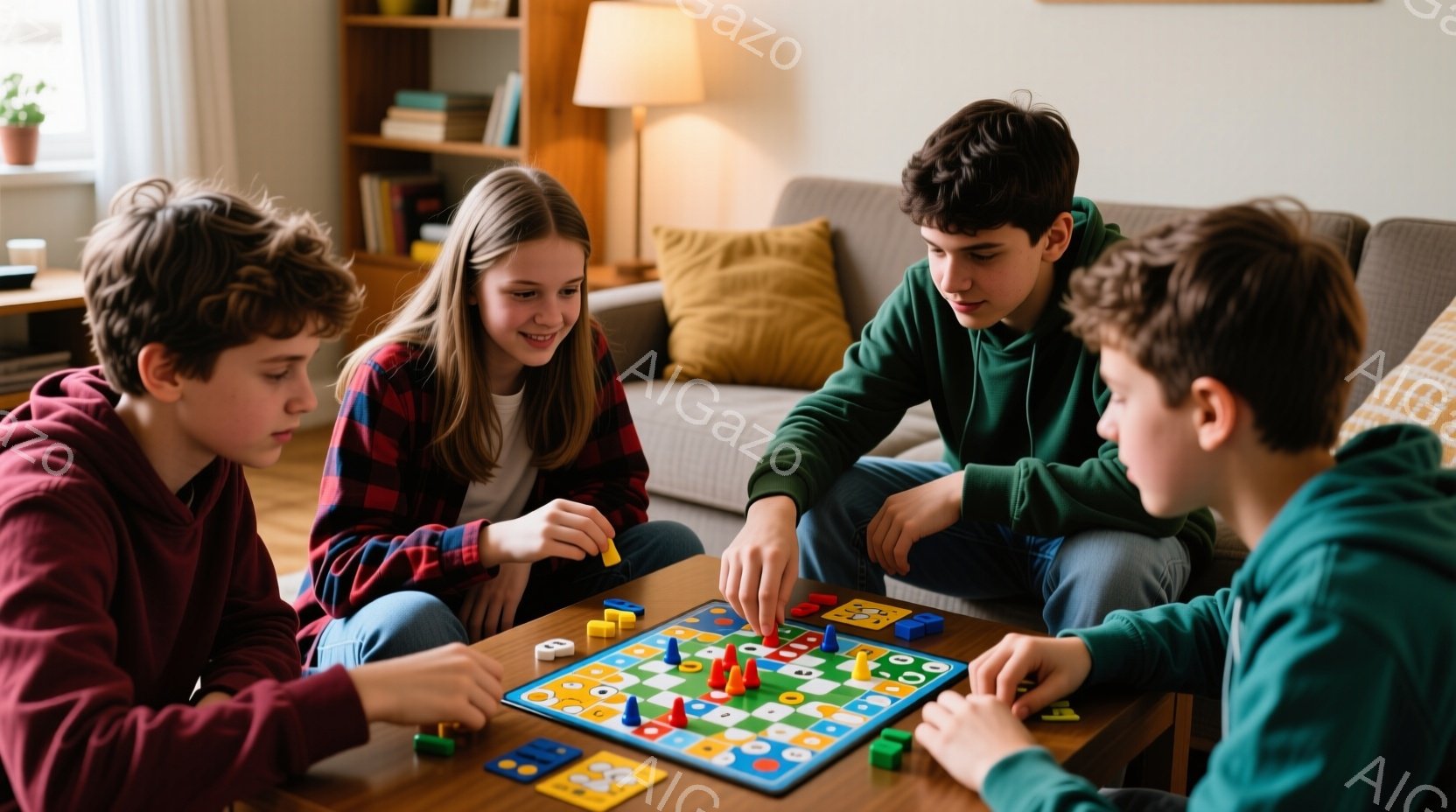 4人の若い人々がリビングルームでボードゲームを楽しんでいます。彼らはカジュアルな服装で、赤いチェック柄のシャツを着た女の子や、緑色のパーカーを着た少年がいます。彼らの表情はリラックスしていて、ゲームに集中していることがわかります。
