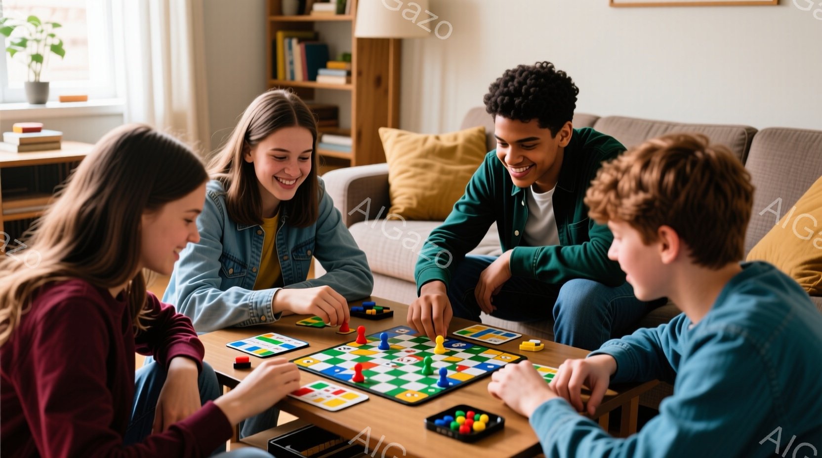 4人の若い人々がリビングルームでボードゲームを楽しんでいる様子が写っている。女性は赤色のセーターを着ており、長くウェーブのかかった茶髪をしている。男性は緑色のシャツを着て、髪は短くカールしている。