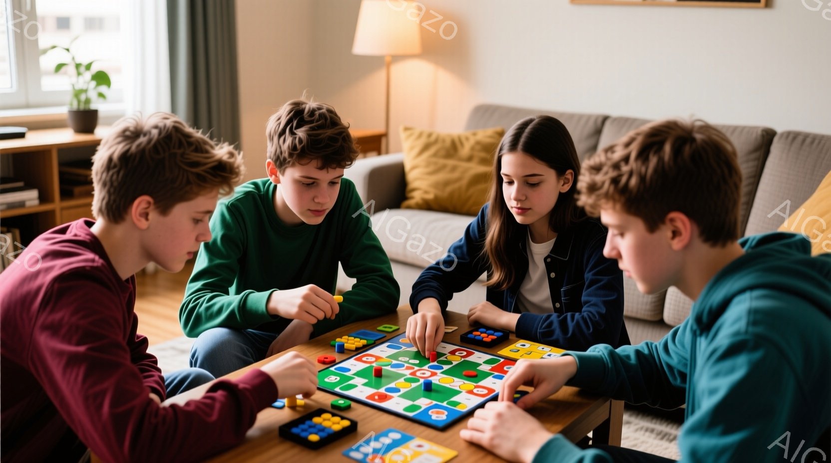 四人の若い人々が床に座ってボードゲームに集中しています。彼らはそれぞれ紫、緑、青、黒のセーターやジャケットを着ており、髪型は短髪で、真剣な表情でゲームに取り組んでいます。背景には、明るい色のソファ、観 - AI生成フリー素材