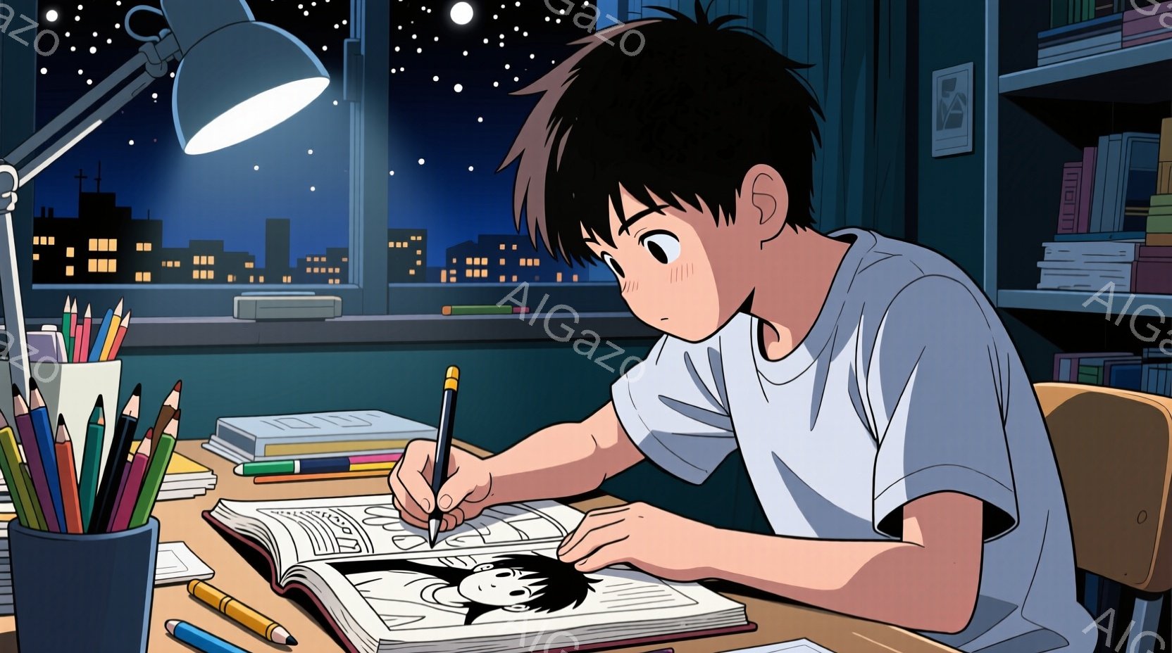 短い黒髪の少年が、机に向かってスケッチブックに何かを描いている。白いTシャツを着ており、集中した表情でペンを走らせている。背景には夜の街並みが広がり、多くの建物が灯りを灯しているが、少年はそれらよりも自分の描くものに夢中になっているようだ。