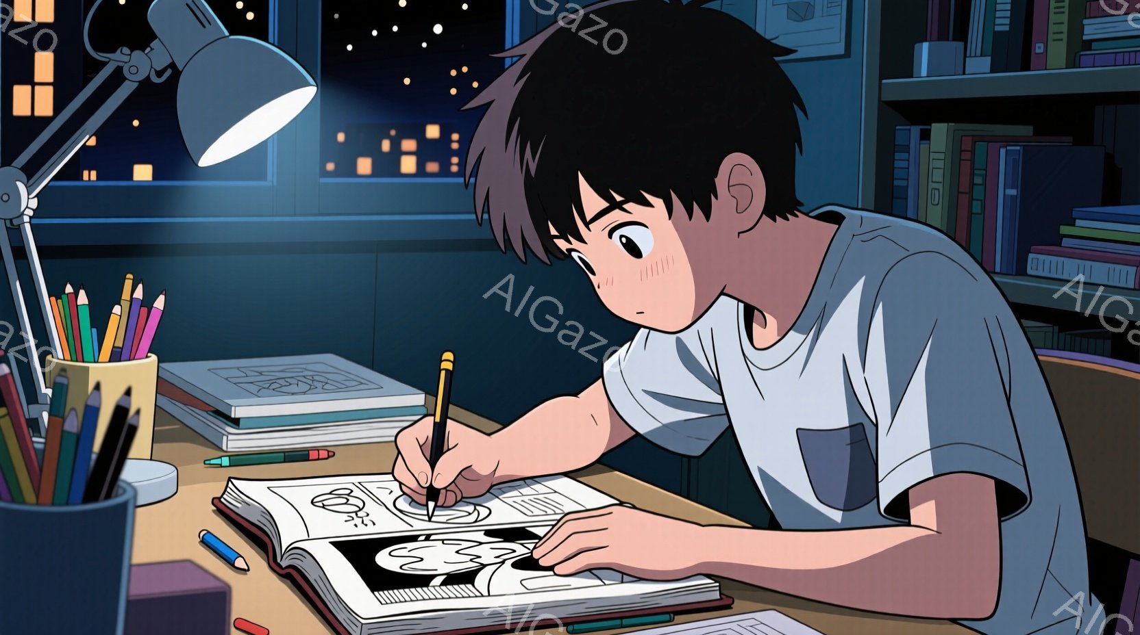 短い黒髪の少年が、机に向かって何かを描いている。彼は白いTシャツを着ており、集中した表情で鉛筆を握り、スケッチブックに線を描いている。背景には本棚と都市の夜景が広がり、机の上には鉛筆、色鉛筆、そして未完成のイラストが置かれている。