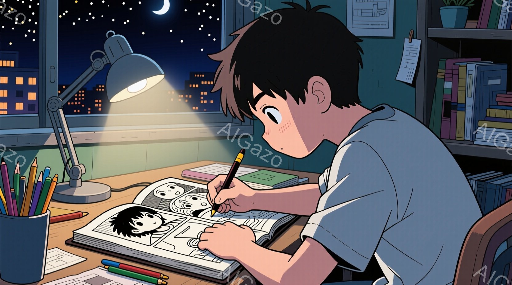 少年は机に向かって漫画を描いている。彼は白いTシャツを着ており、黒い髪は短く、集中した表情をしている。背景には夜の街並みが広がり、多くの建物から光が灯っており、空には三日月と星が見える。