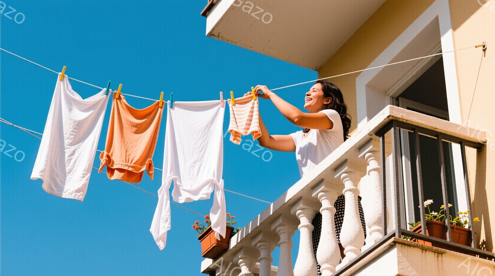 青空の下、バルコニーで洗濯物を干している女性が写っています。彼女は白いトップスと柄のあるズボンを身に着け、笑顔で洗濯物をピンチに挟んでいます。背景には白い壁の建物と、プランターで飾られたバルコニー、そして鮮やかな青空が広がり、明るく開放的な雰囲気が漂っています。