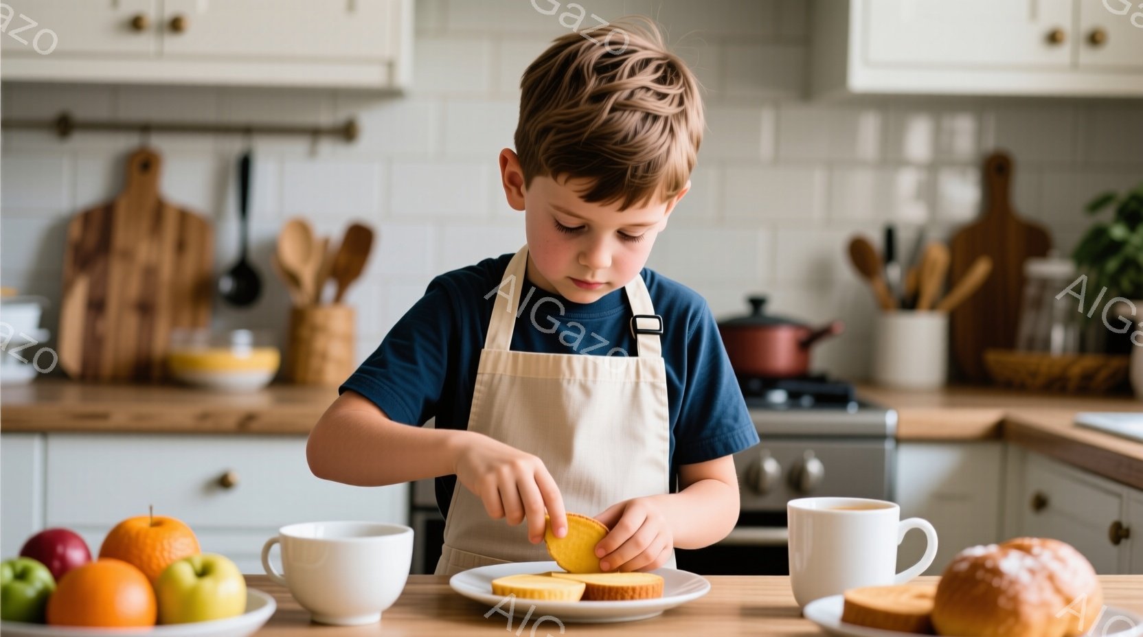 茶髪の少年がエプロンを着用し、キッチンカウンターでオレンジのスライスを皿に並べています。集中した表情で、朝食の準備をしている様子が伺えます。背景には木製のカッティングボードや調理器具が並び、白を基調と - AI生成フリー素材