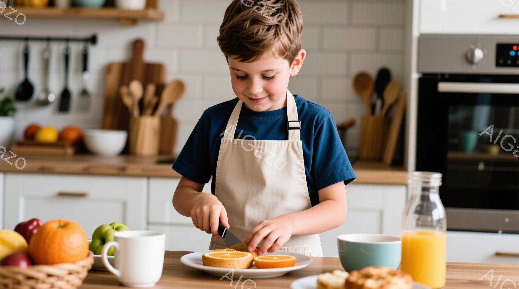 小さな少年がエプロンを着て、キッチンでオレンジをナイフで切っています。彼は真剣な表情で作業に集中しており、明るい茶色の髪が少し無造作に整えられています。背景には白を基調としたキッチン、カラフルな調理器 - AI生成フリー素材