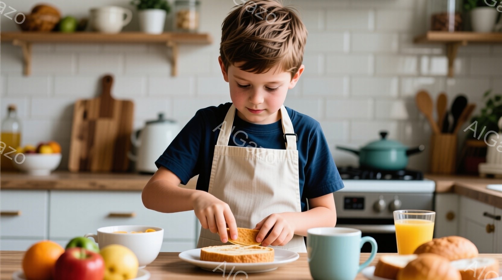 少年はエプロンを着て、トーストに何かを塗っています。彼は少し真剣な表情で、作業に集中しています。背景にはキッチンがあり、果物、マグカップ、調理器具などが置かれ、温かく家庭的な雰囲気が漂っています。 - AI生成フリー素材