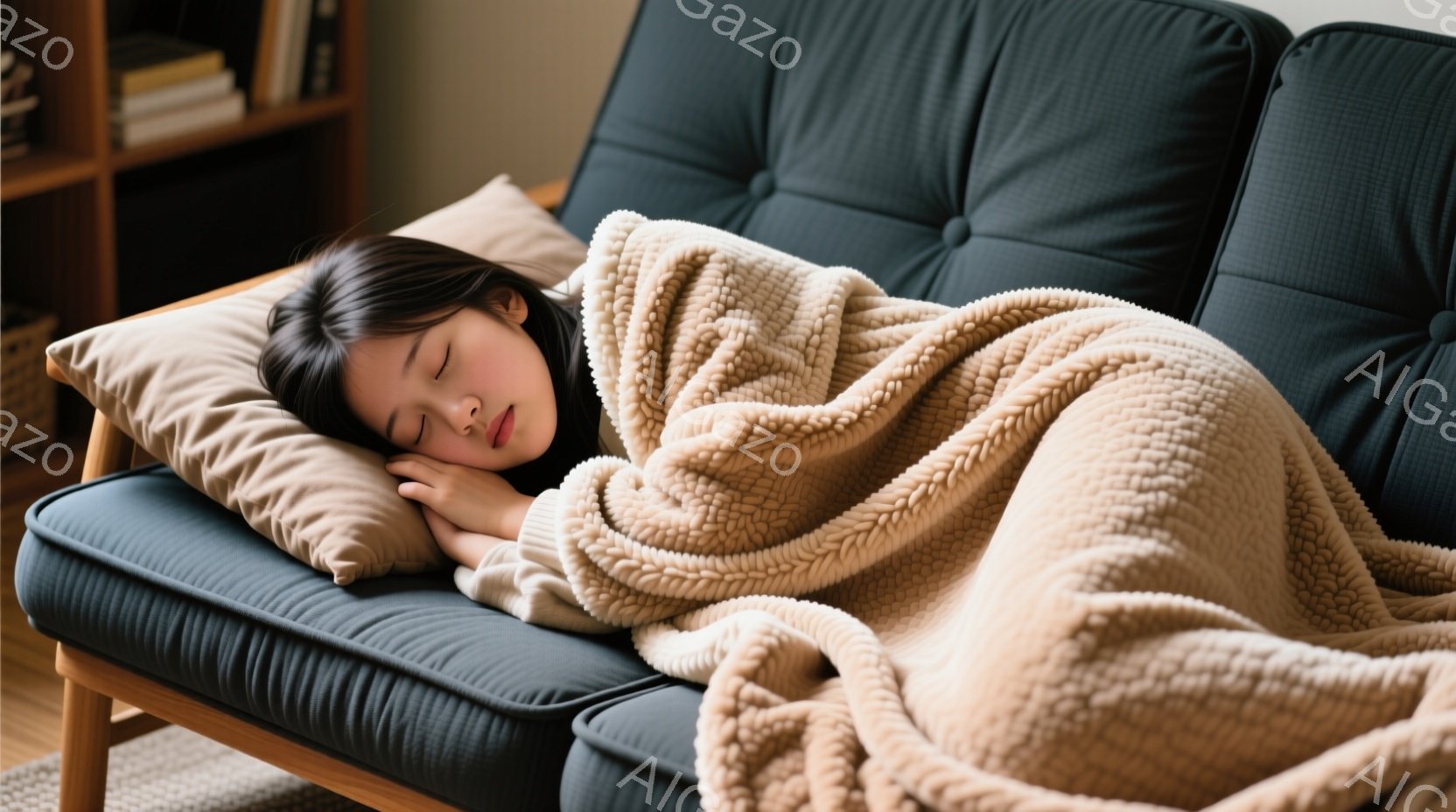 茶色のソファに横たわって眠っている若い女性が写っています。彼女はクリーム色のニットを着ており、顔はふわふわの毛布で覆われています。背景には木製の棚があり、温かく穏やかな雰囲気を感じさせます。 - AI生成フリー素材