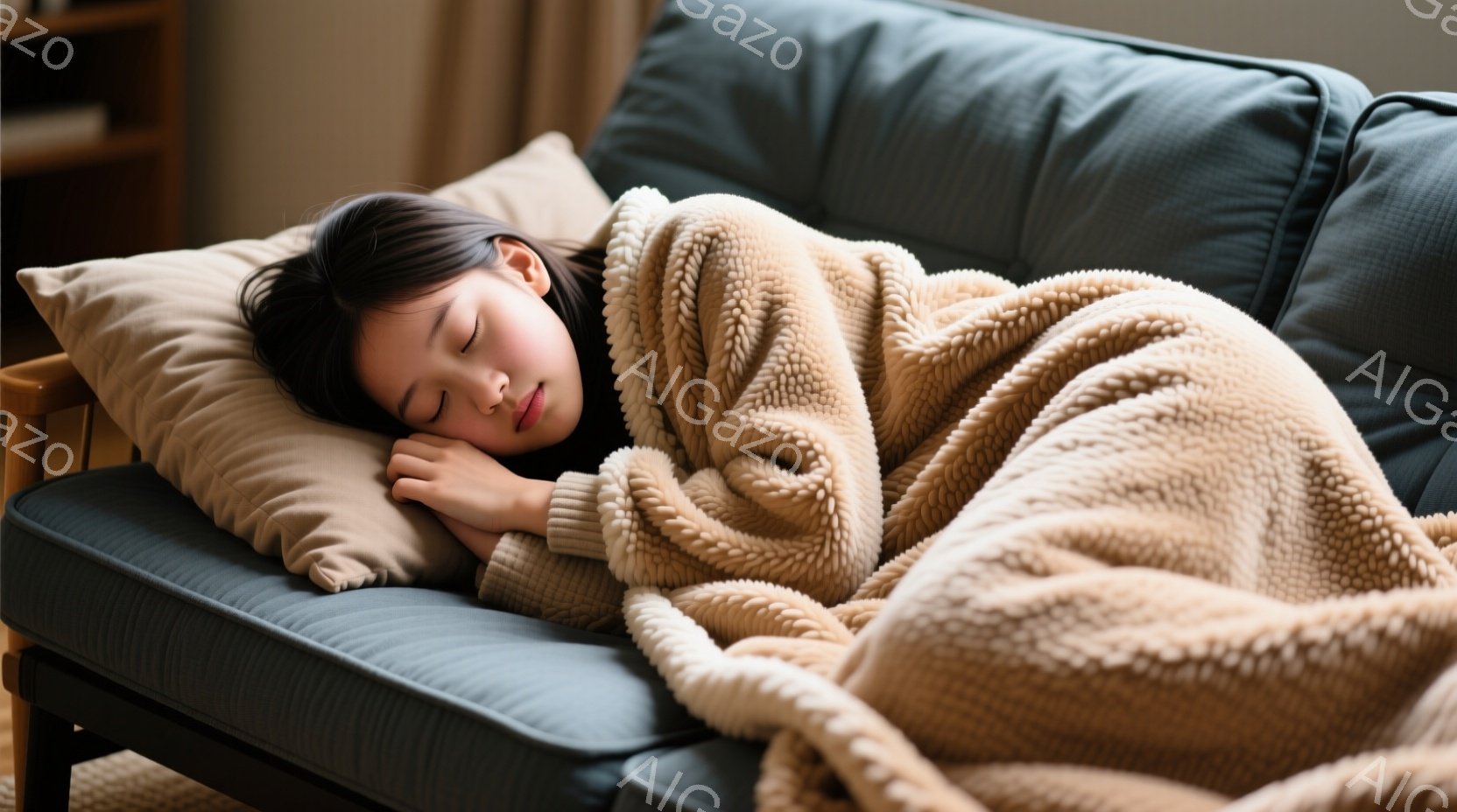 若い女性がソファに横たわり、毛布にくるまっています。彼女は目を閉じ、穏やかな表情で眠っているようです。背景には木製の家具が見え、全体的に温かくリラックスした雰囲気が漂っています。 - AI生成フリー素材