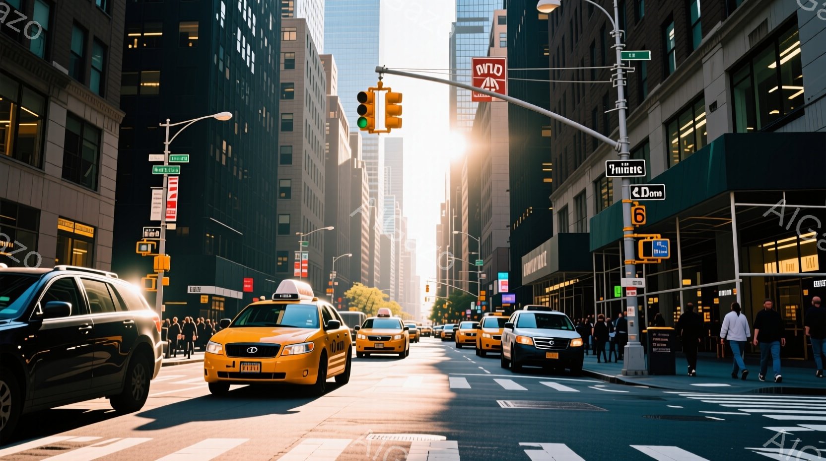 ニューヨークのマンハッタンにある、高層ビルに囲まれた道路が写っている。太陽光がビルの隙間から差し込み、アスファルトの路面に強いコントラストを生み出している。タクシーや乗用車が交通の流れに乗って進み、歩道には数人の人々が歩いているが、彼らの表情や服装は明確には分からない。