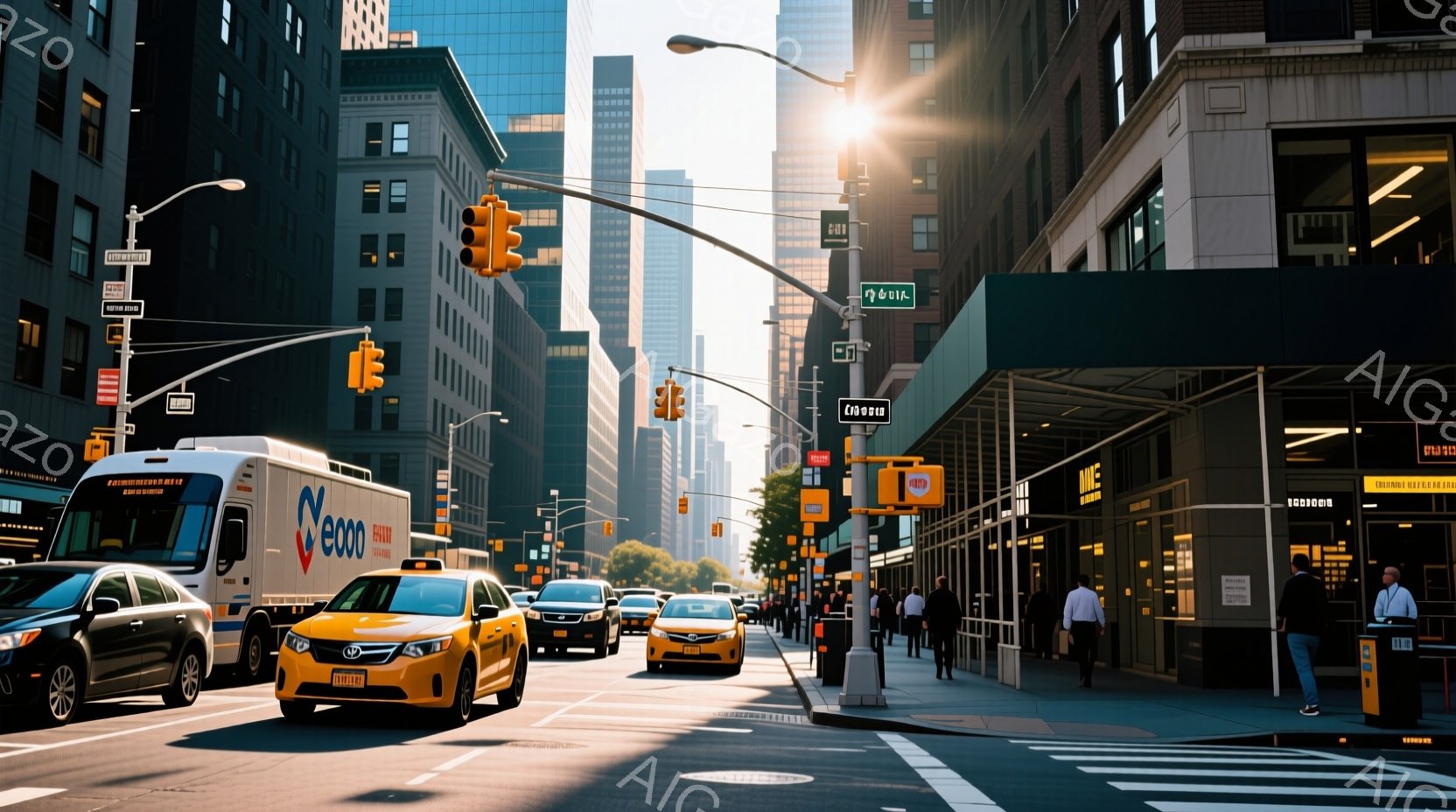 ニューヨークの街並みが写っており、高い建物が両側に立ち並び、日差しがアスファルトに反射している。タクシーや車両が道路を走行しており、歩道にはビジネススーツを着た人々が歩行している様子が見られる。全体的に晴天で、都会的で活気のある雰囲気が漂っている。