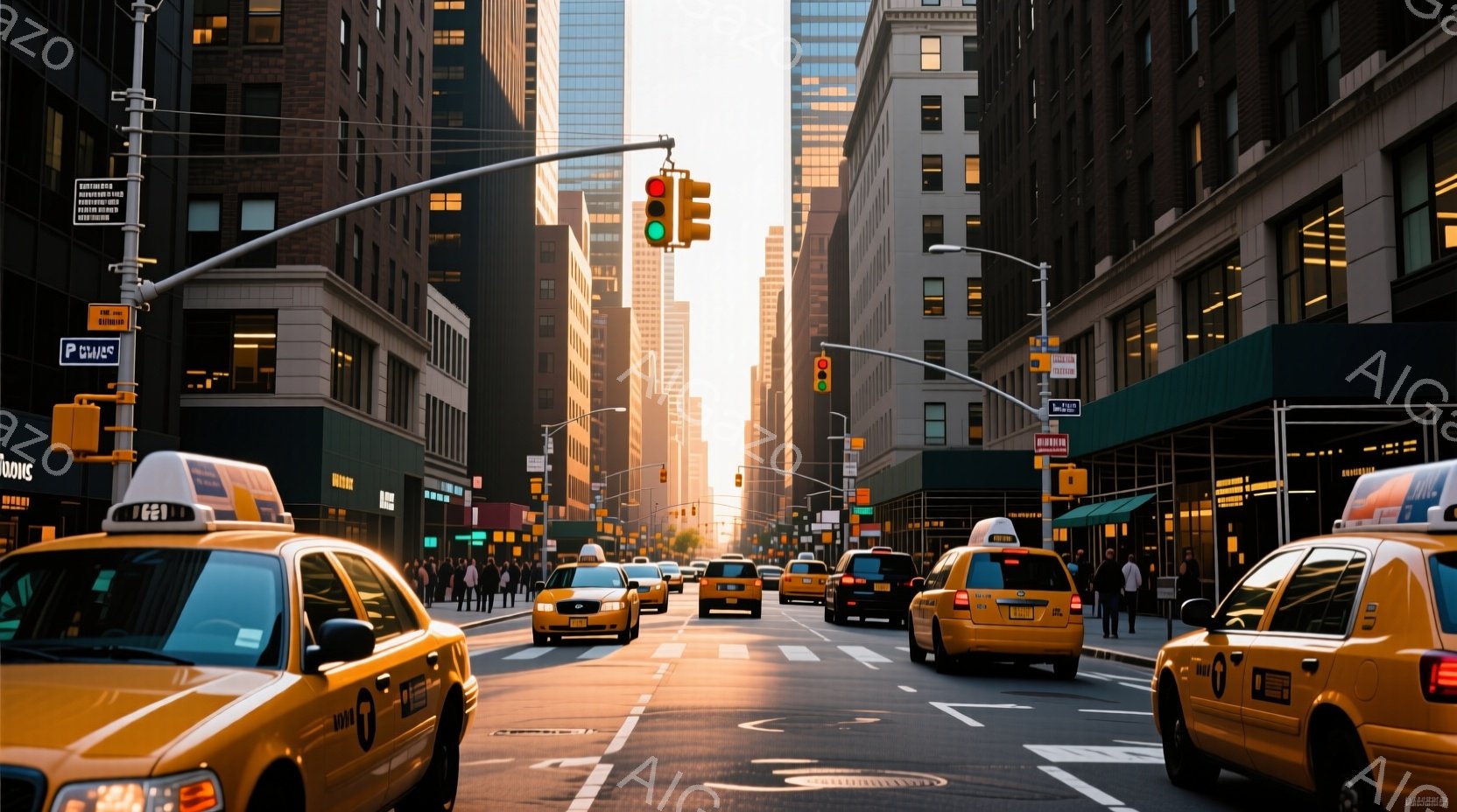 ニューヨークの街並みが広がり、夕日に照らされたアベニューにタクシーが並んでいる。人々はカジュアルな服装で歩いており、建物は高くそびえ立ち、暖かい光が街全体を包み込んでいる。全体的に、活気がありつつも穏やかな都会の雰囲気が漂っている。