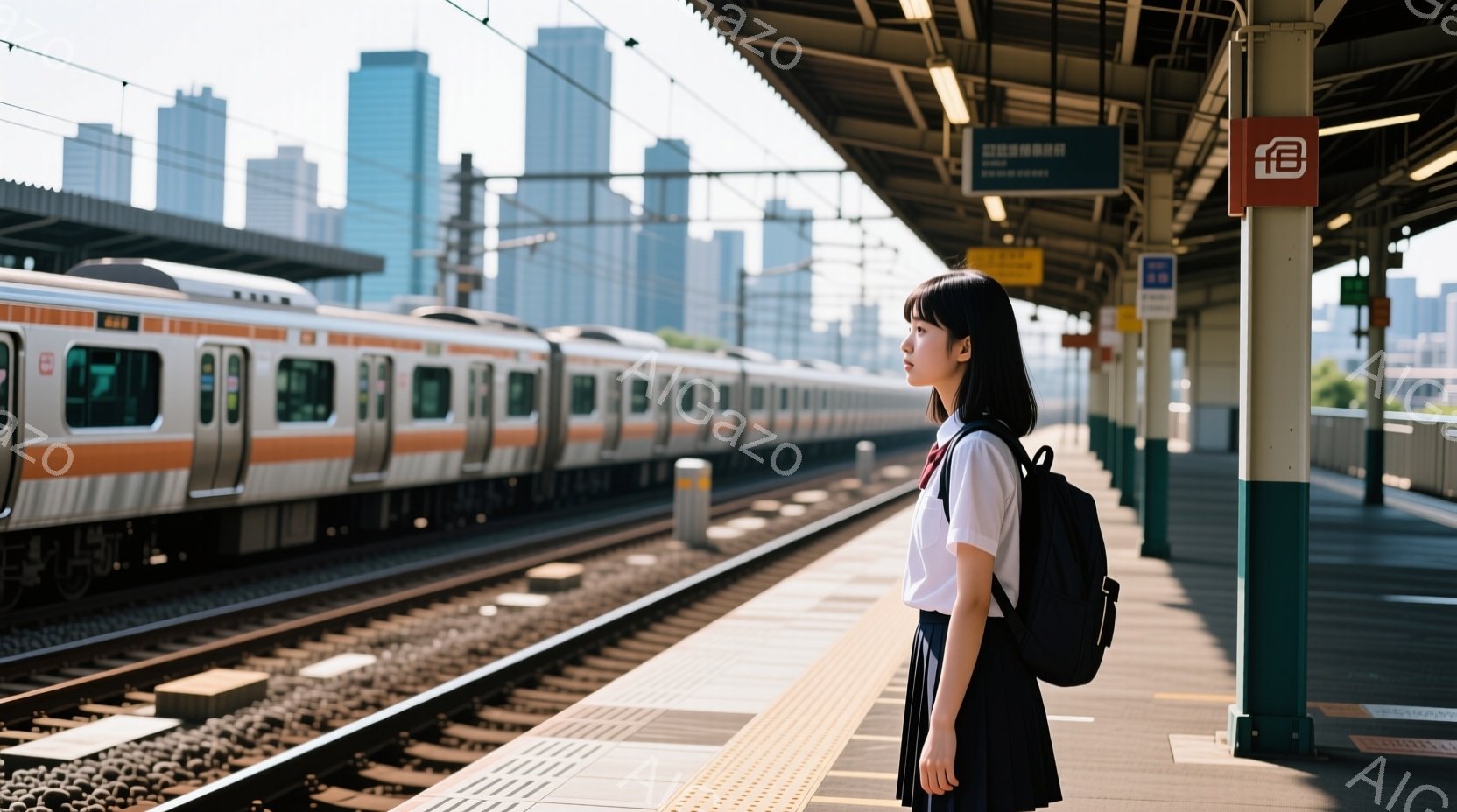 制服姿の女子学生が、鉄道のプラットフォームに立っている。彼女は黒髪で、肩までの長さの髪型をしており、少し顔を上げて遠くを見つめている。背景には高層ビル群が広がり、晴れた空の下、電車が接近するプラットフォームの様子が描かれている。