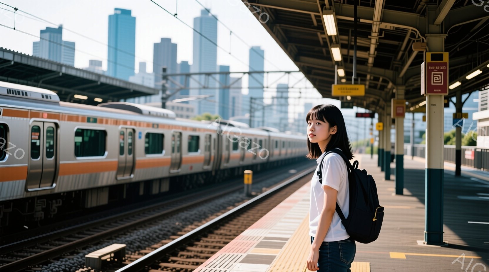 黒髪のショートボブの女性が、駅のホームで少し横を向いて立っている。白いTシャツとジーンズ姿で、黒いバックパックを背負っており、表情は穏やかで少し物憂げである。背景には高層ビル群が広がり、晴れた空の下、 - AI生成フリー素材