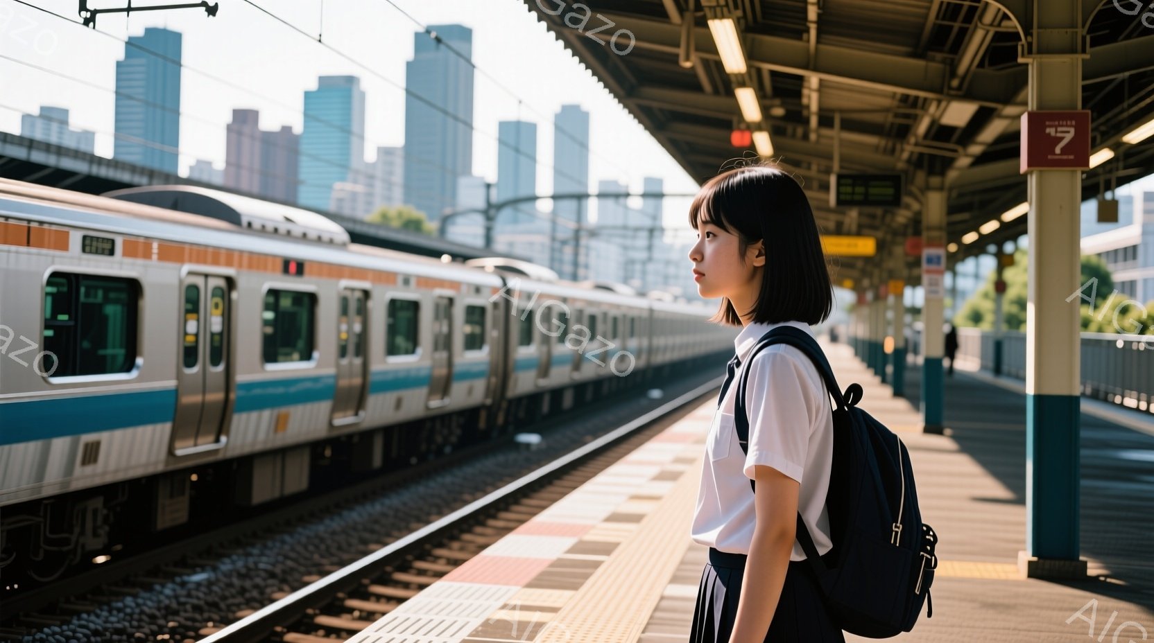 ショートヘアの女性が駅のホームに立っており、制服のような白いシャツと黒いバックパックを背負っています。彼女は遠くを見つめ、やや物憂げな表情を浮かべており、線路には青い電車が停車中です。背景には高層ビル群が広がり、晴れた空の下、都会の風景と女性の孤独な雰囲気が混ざり合っています。