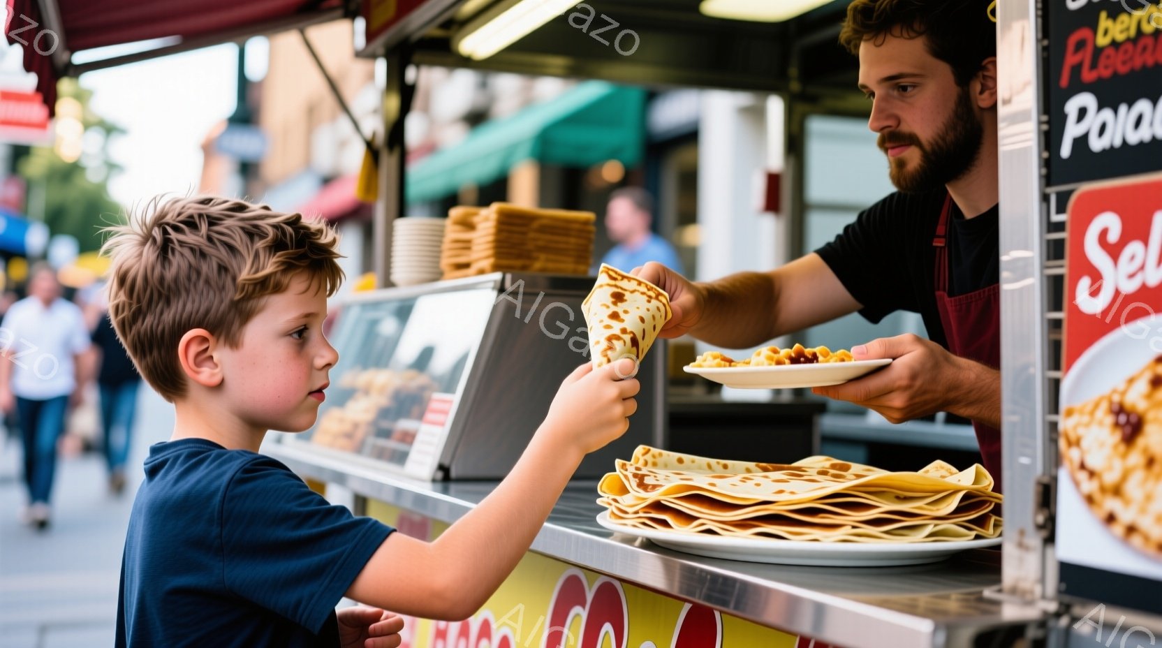 少年がクレープを受け取ろうとしており、その顔は少し真剣だ。彼は青いTシャツを着ており、髪は短く、少し無造作に整えられている。背景にはクレープを重ねて置いた皿が見え、店員は赤いエプロンを着てクレープを渡 - AI生成フリー素材