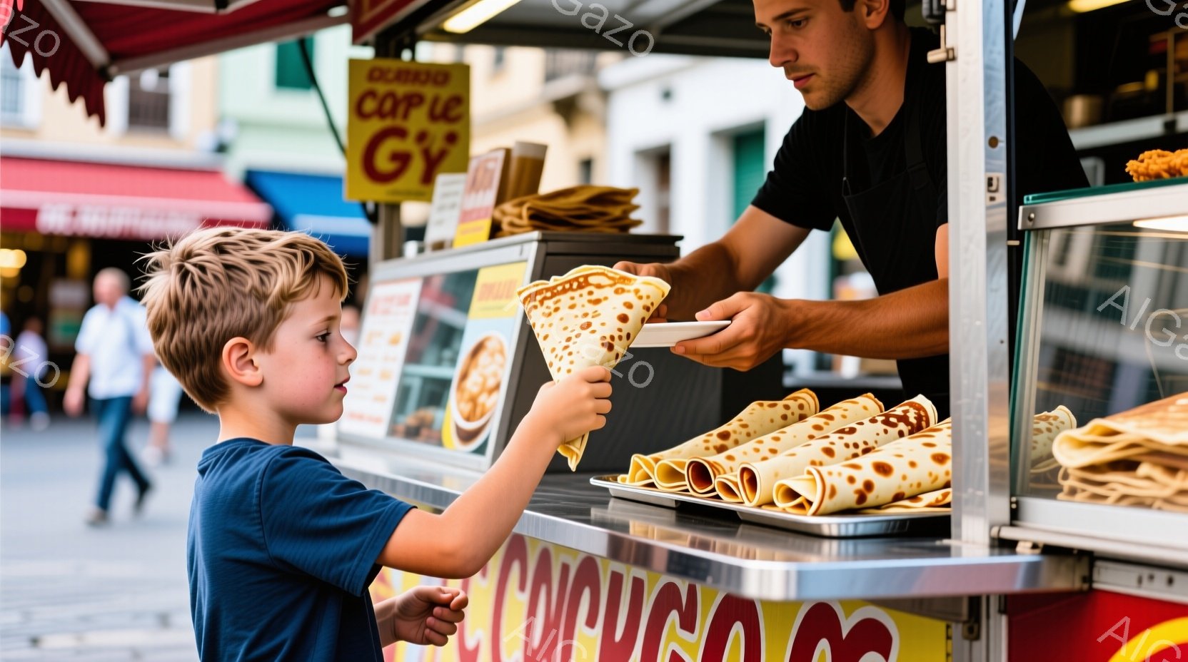 金髪の少年がクレープを受け取る様子が写っている。少年は青いシャツを着ており、少し緊張した表情で手を伸ばしている。背景にはクレープを販売する屋台があり、様々な種類のクレープが並んでいる。 - AI生成フリー素材