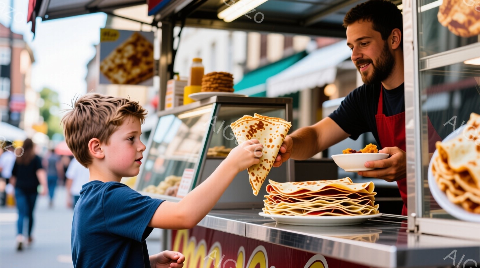 少年がクレープを受け取ろうと手を伸ばしており、笑顔を見せている。クレープを渡す男性はエプロンを着ており、同じように微笑んでいる。背景にはクレープを積み重ねたお皿と、賑やかな通りと建物が見え、晴れた日の - AI生成フリー素材