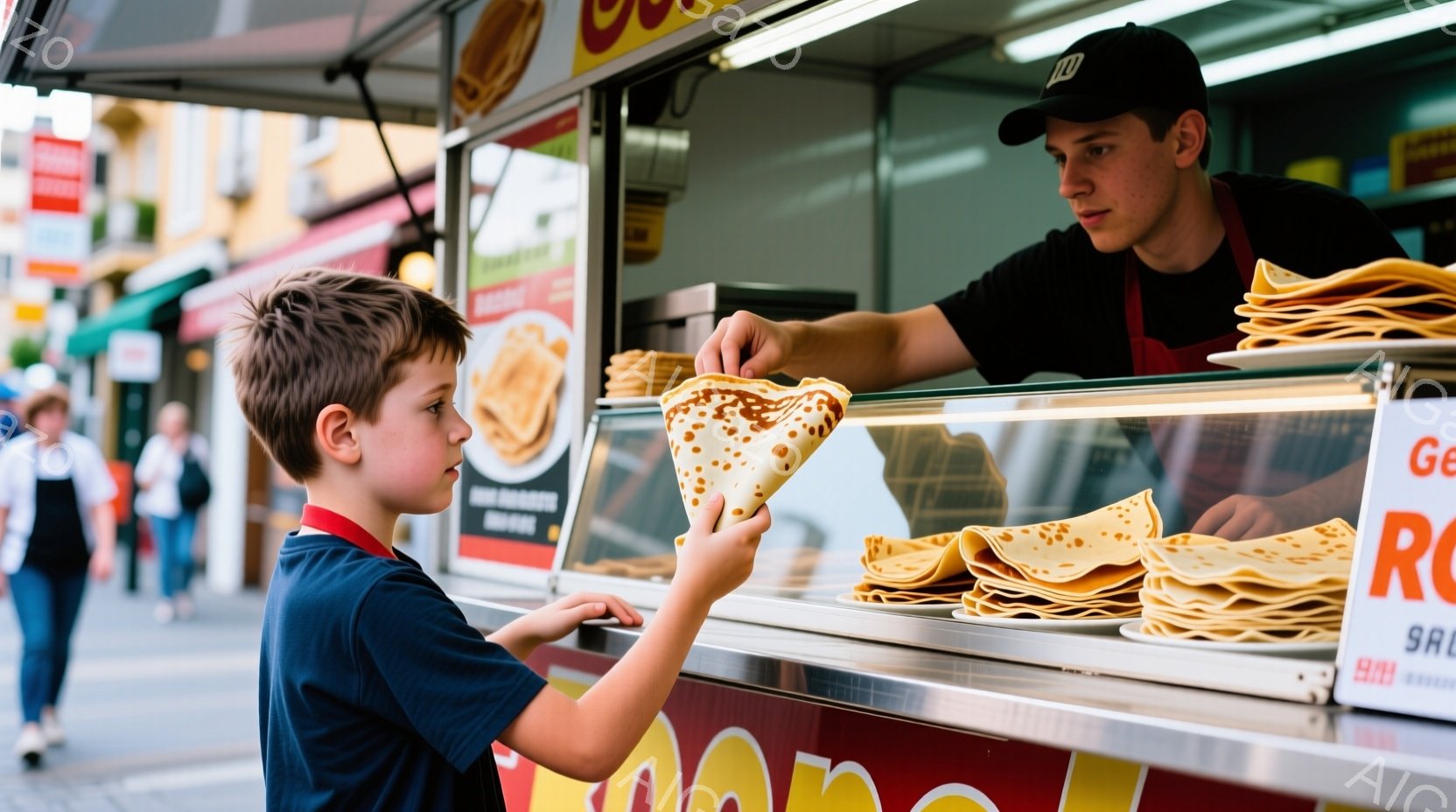 一人の少年が、屋台からクレープを受け取ろうとしています。少年は赤と白のストライプの入ったシャツを着ており、短髪で、少し前かがみの姿勢です。屋台の男性は黒い帽子と黒いシャツを着ており、クレープを少年に渡 - AI生成フリー素材