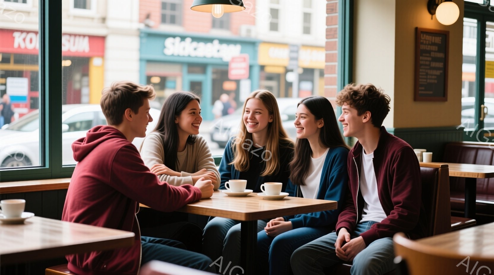 四人の若い男女がカフェのテーブルを囲んで座っており、皆笑顔で楽しそうに会話をしている。服装はカジュアルで、赤いパーカー、青いセーター、黒髪の女性、茶髪の男性といった様子が見られる。背景には街並みが見え - AI生成フリー素材