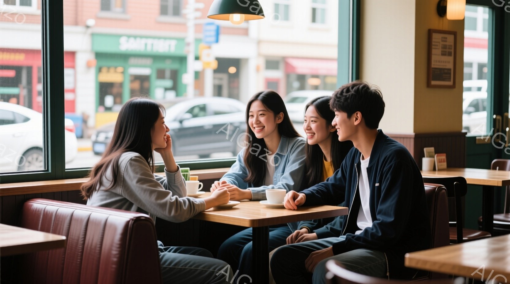 三人の若い女性と男性がカフェの窓際の席で向かい合って座っており、楽しそうに会話をしている様子がうかがえる。女性たちはカジュアルな服装で、それぞれセーターやジャケットを着用し、髪は長く自然なスタイルであ - AI生成フリー素材