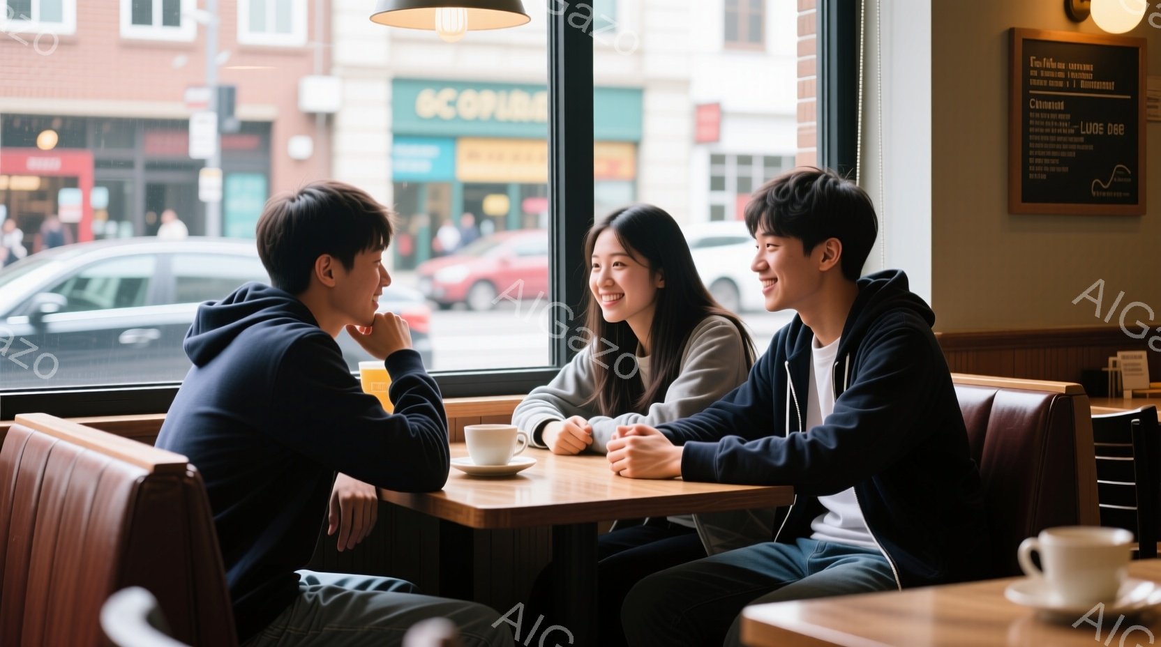 窓際の席に座っている若い男女が二人います。男性は濃い青色のパーカーを着ており、片手で顎を支えながら女性の方を見て微笑んでいます。女性はグレーのセーターを着て、明るい笑顔で男性を見つめており、テーブルの - AI生成フリー素材